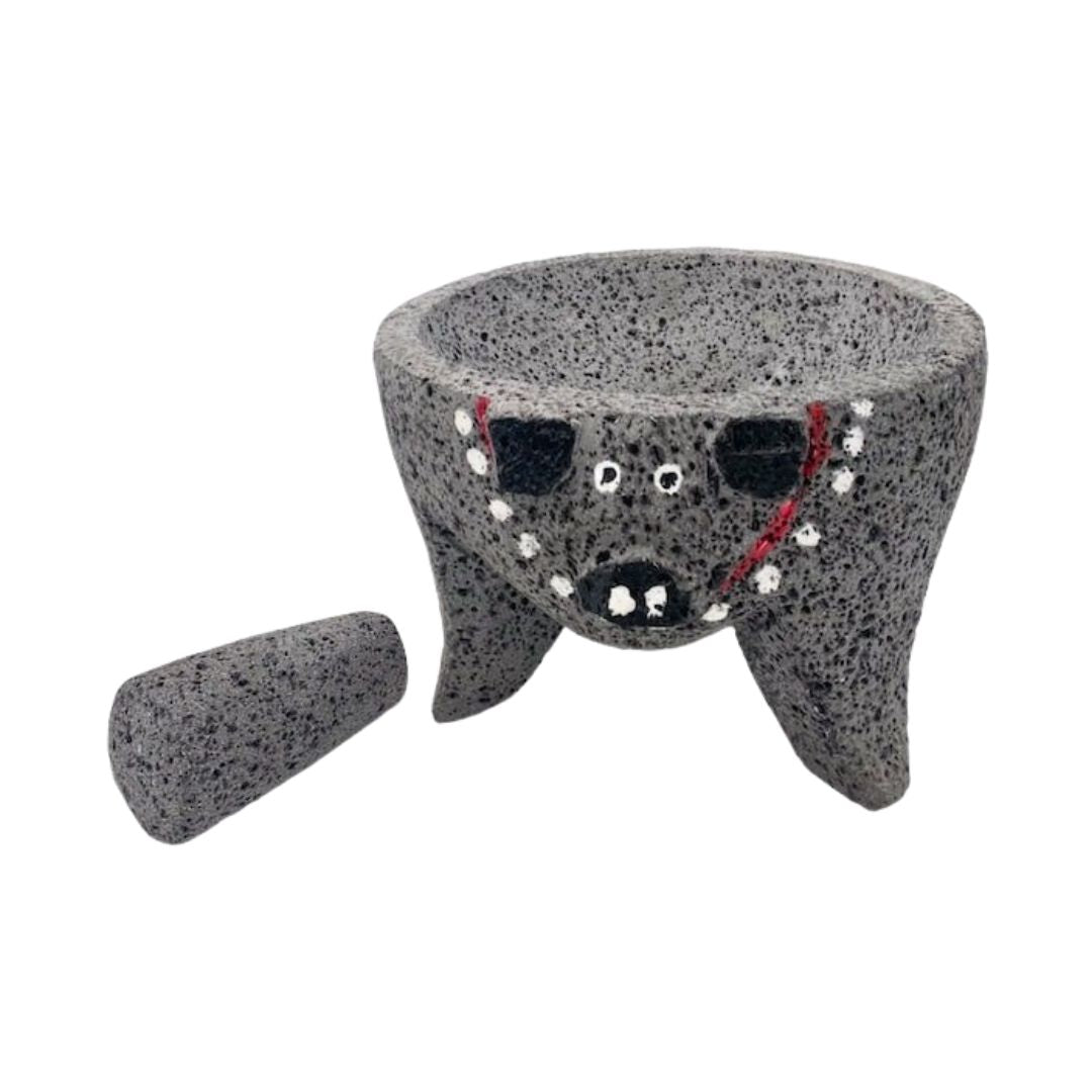 Molcajete Pig Head - Black Lava Stone Bowl (Pintado) - 7" / 8"