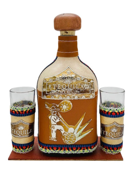 La Mexicana Leather Pachita with 2 Tequila Shot Glasses  - 1 Set