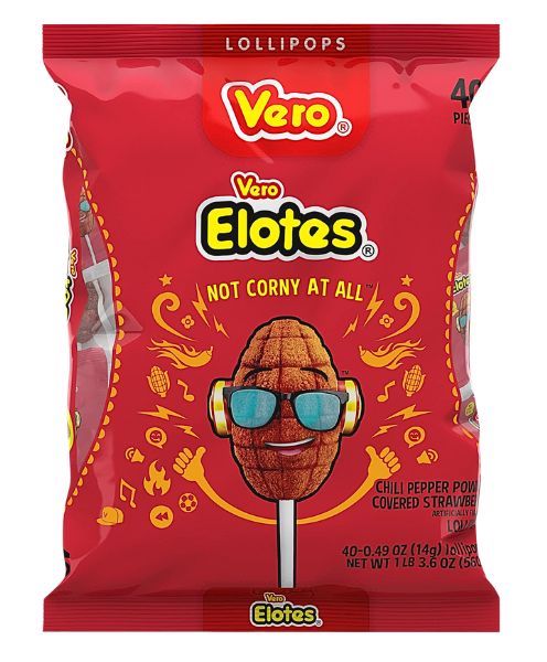 Bag of Vero Elotes corn-shaped strawberry chile lollipops
